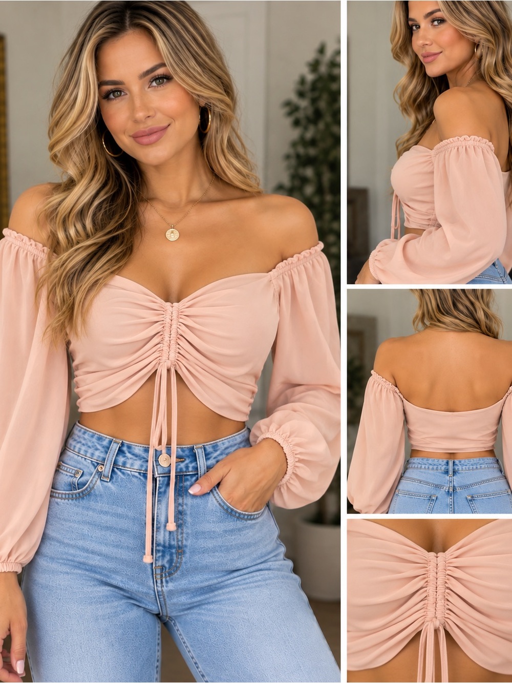 Style Rack Peach Ruched Off-Shoulder Long Sleeve Crop Top - Picture 4 of 4